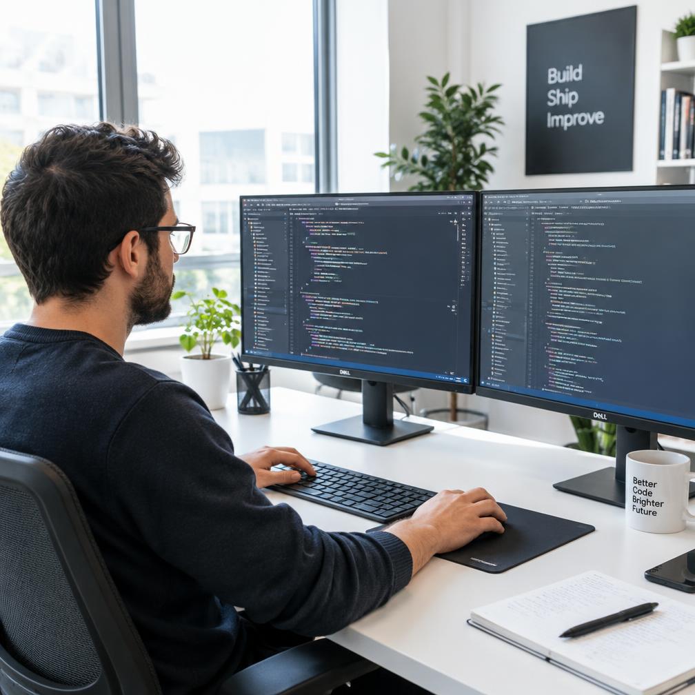 Developer working on code at a bright office desk