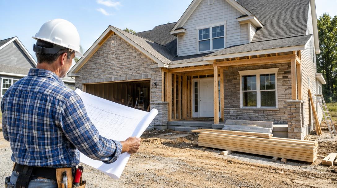 Contractor reviewing plans in front of a home under construction