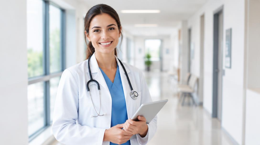 Clinician holding a tablet in a bright medical clinic hallway