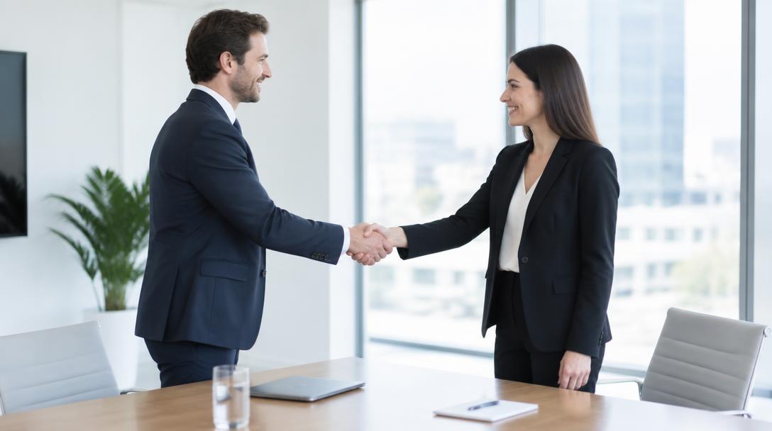 Two professionals shaking hands in a modern office meeting room
