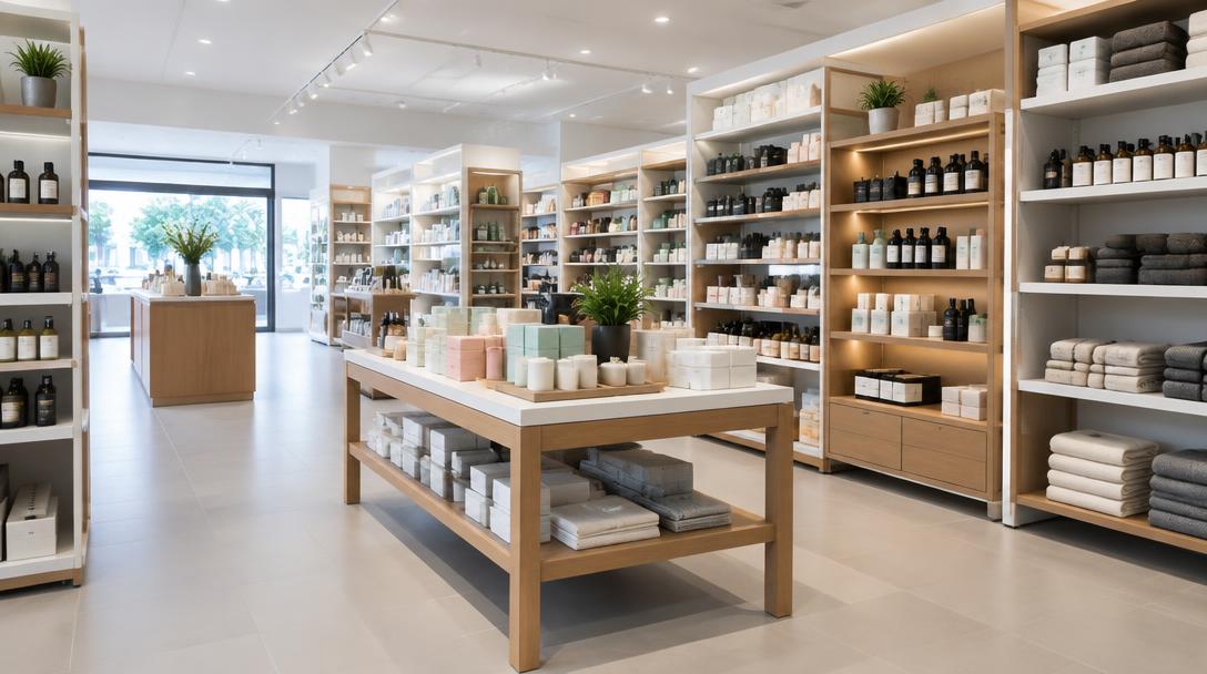 Organized product shelves inside a bright modern retail store